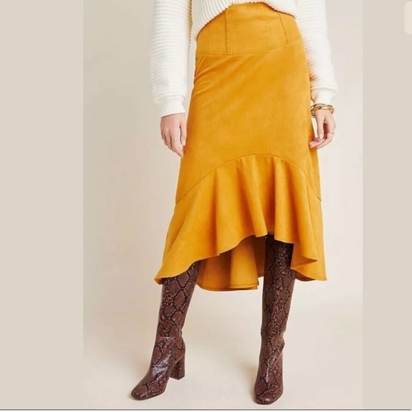 ANTHROPOLOGIE Maeve Cosima High Low Suede Midi Skirt size 2, Mustard Yellow Gold - Picture 2 of 10